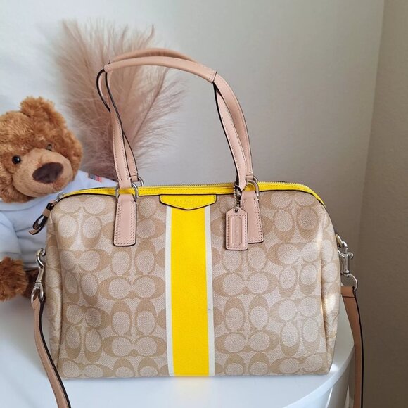 COACH Nancy SIGNATURE PVC SATCHEL Boston Bag F30662 Light Khaki /Yellow EUC - Picture 8 of 16